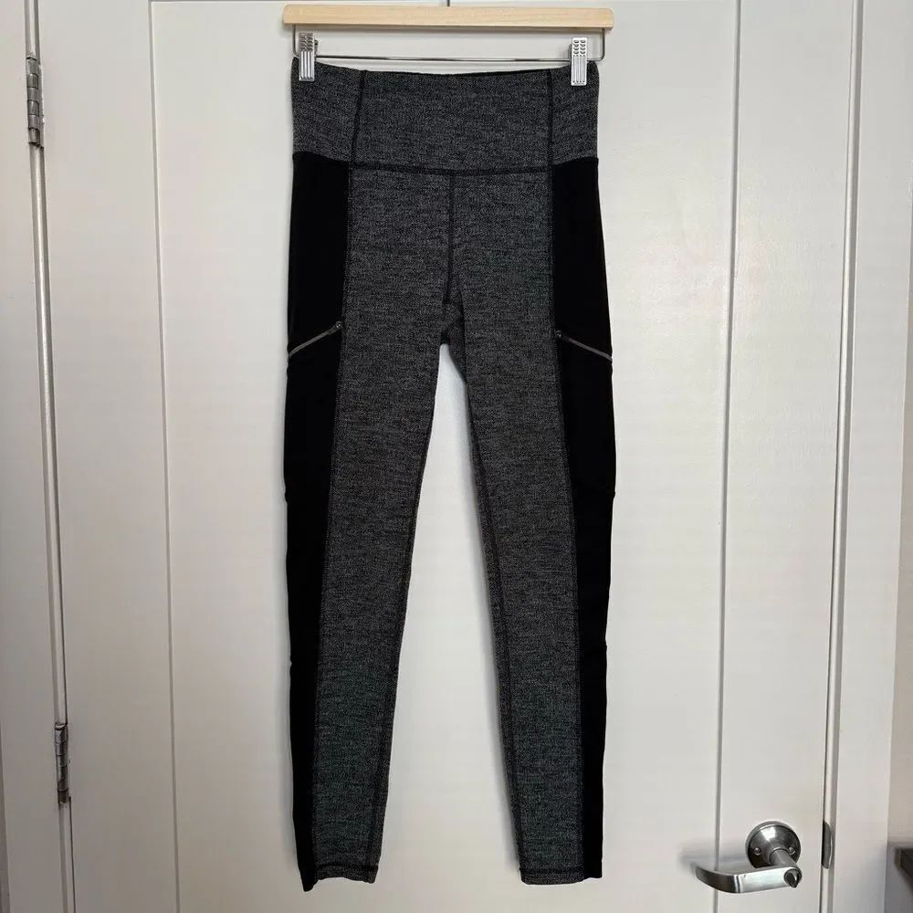 Athleta Leggings Womens Sz S Gray Herringbone High Rise Zip Pockets Athletic Gym